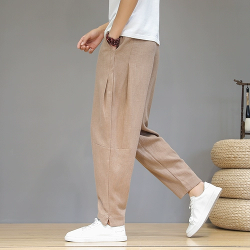 Мужские летние тонкие штаны для отдыха, китайский стиль, из хлопка и льна