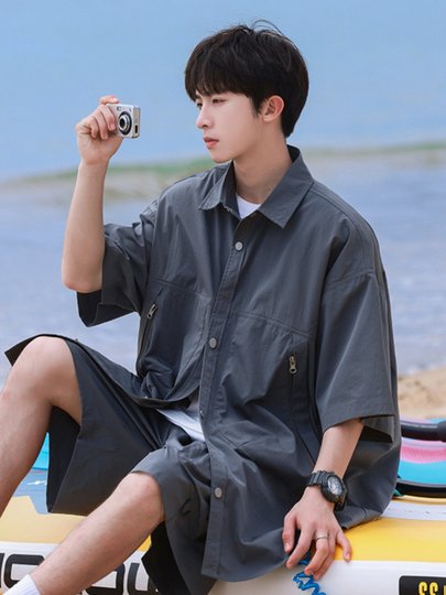 Men's Summer Thin and Breathable Two-Piece Set with Shorts, American Retro Trendy Brand, Loose Lapel Short-Sleeved Shirt