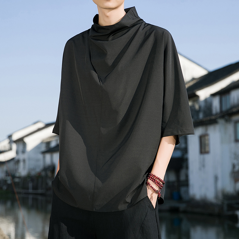 Japanese Retro Ice Silk Short-Sleeve T-Shirt for Men, Summer Set with a Unique Design, Niche Stacked Collar Half-Sleeve Top Shirt