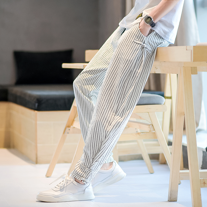 Trendy Men's Casual Pants Summer Men's Pants 2026 New Harem Pants Summer New Men's Striped Cotton and Linen Pants Trendy Men's Casual Pants Summer Men's Pants 2026 New Harem Pants Summer New Men's Striped Cotton and Linen Pants