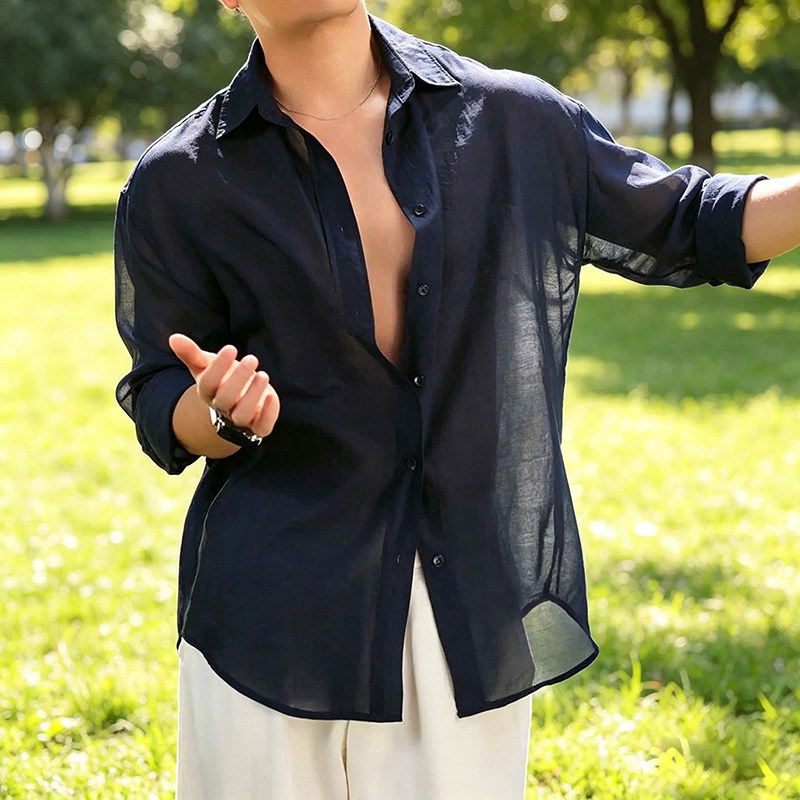 Navy Blue Old Money Style Linen Three-Quarter Sleeve Shirt for Men, Summer Thin Cool Sun Protection Jacket, High-End Cotton-Linen Short-Sleeve Shirt Navy Blue Old Money Style Linen Three-Quarter Sleeve Shirt for Men, Summer Thin Cool Sun Protection Jacket, High-End Cotton-Linen Short-Sleeve Shirt
