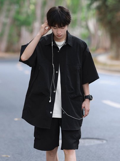 Men's Summer Thin and Breathable Two-Piece Set with Shorts, American Retro Trendy Brand, Loose Lapel Short-Sleeved Shirt