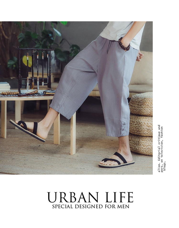 Quần linen nam phong cách Trung Quốc loose straight cotton quần chân rộng thời trang mùa hè quần âu linen chín quần mỏng