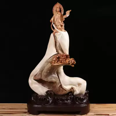 Taihang cliff cypress root carving ornaments Living room boutique boy worship Guanyin Buddha statue Wood carving craft gift decoration two-color material carving pieces