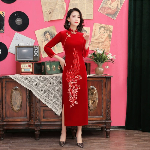 Длинный бархатный чай улун Да Хун Пао, ципао, демисезонное платье для матери, светлый стиль, коллекция 2021