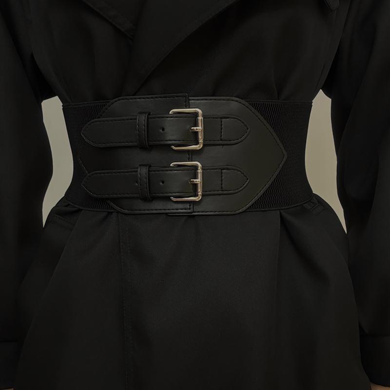 Women's Double-Buckle Black Extra-Wide Waist Belt for Trench Coats, Sweaters, Shirts, Dresses, 2024 New Elastic Decorative Belt