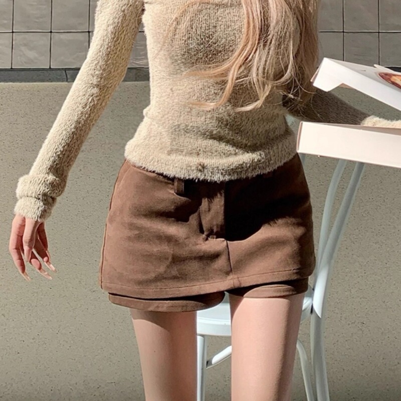 Meilade Hot Girl Retro Coffee-Colored Skirt for Women, Spring and Autumn High-Waisted Base Layer A-Line Bodycon Short Skirt Pants