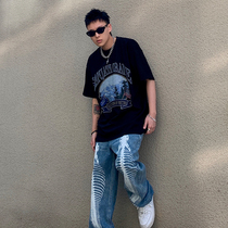 Sanjati crane2021 spring and summer Retro Mountain badge trend men and women loose couple T-shirt round neck short sleeve