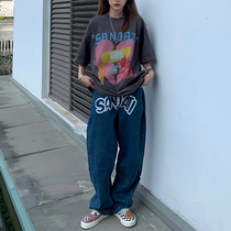 Sanjati crane2021 cartoon logo print casual loose trousers men and women couples straight jeans
