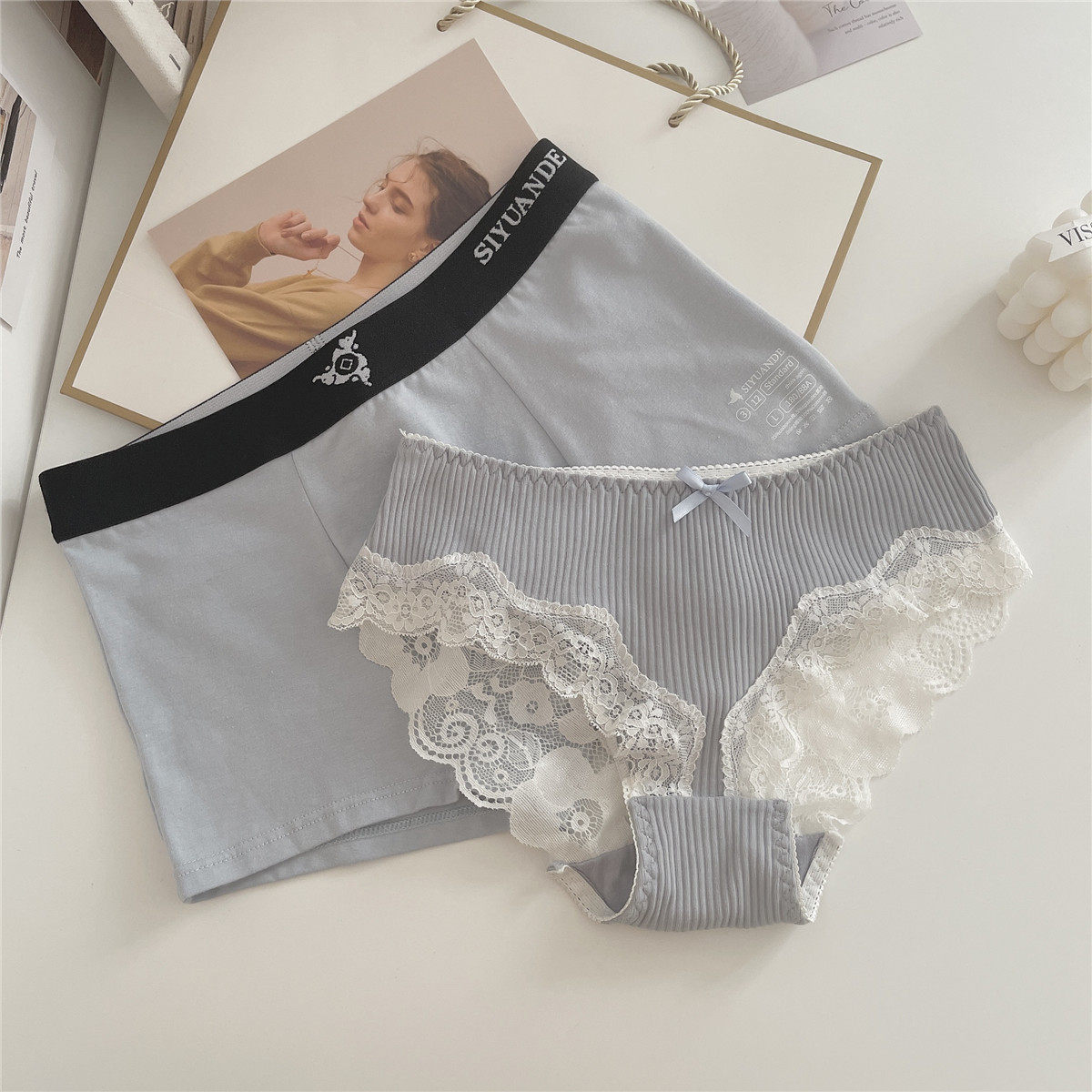 2 strips of mist blue couple wear cotton panties men's and women's waist simple solid cotton sexy boxers boxers