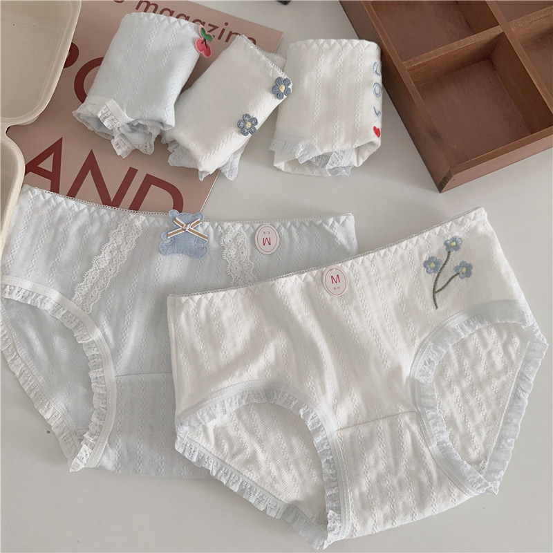 5 Pairs of Simple Embroidered Lace-Trimmed Pure Cotton Women's Mid-Waist Plus-Size Breathable Briefs 2025 New Style