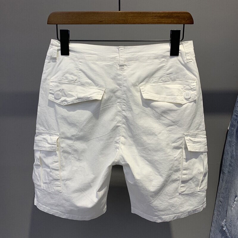 Summer white overalls casual shorts male tide cards 50% pants Korean version trendy men loose pair of pants slim 50% pants