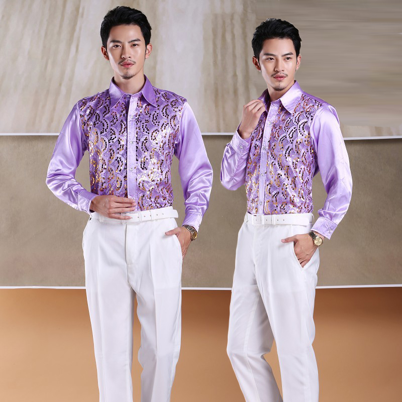 Màu sắc trình diễn áo sơ mi sân khấu biểu diễn nam áo vuông nhảy hợp xướng biểu diễn ca sĩ chủ nhà quần áo cỡ lớn áo sơ mi nam trung niên