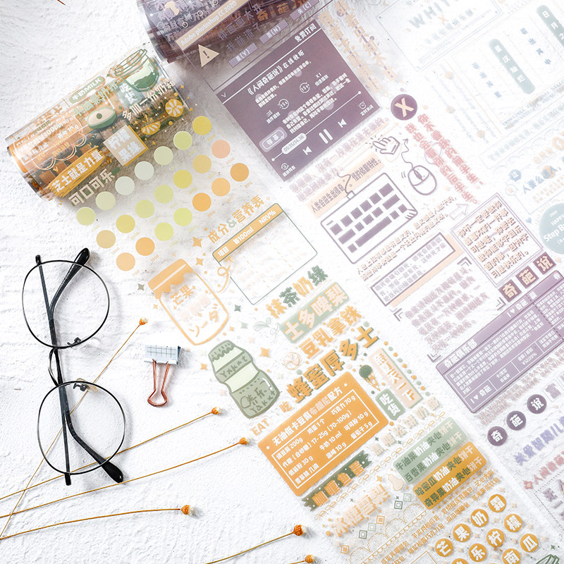 Pattern Pet Tape Text Whole Roll Transparent Stickers Waterproof Chinese character theme handbook material small pattern collage