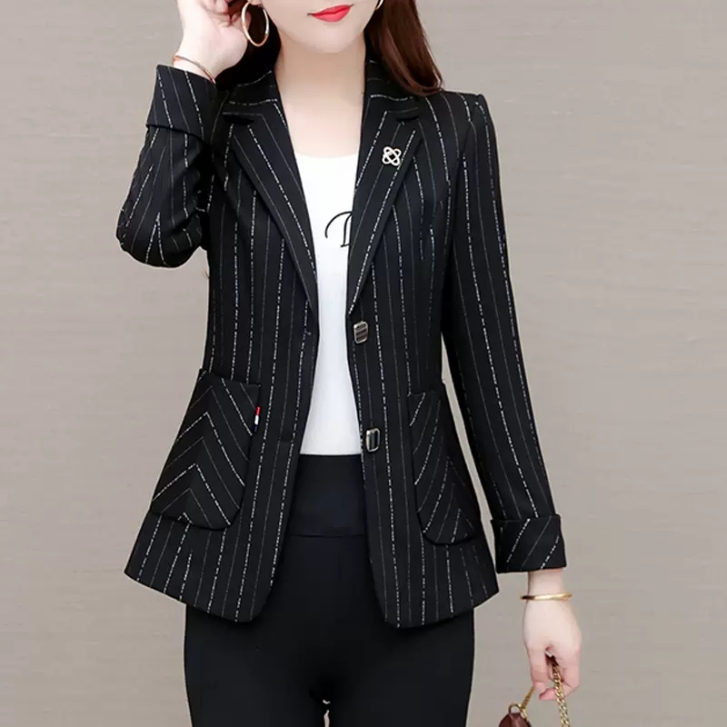 Black Blazer for Women 2026 New Autumn Fashion Stylish Slim Fit Casual Striped Suit Jacket Black Blazer for Women 2026 New Autumn Fashion Stylish Slim Fit Casual Striped Suit Jacket