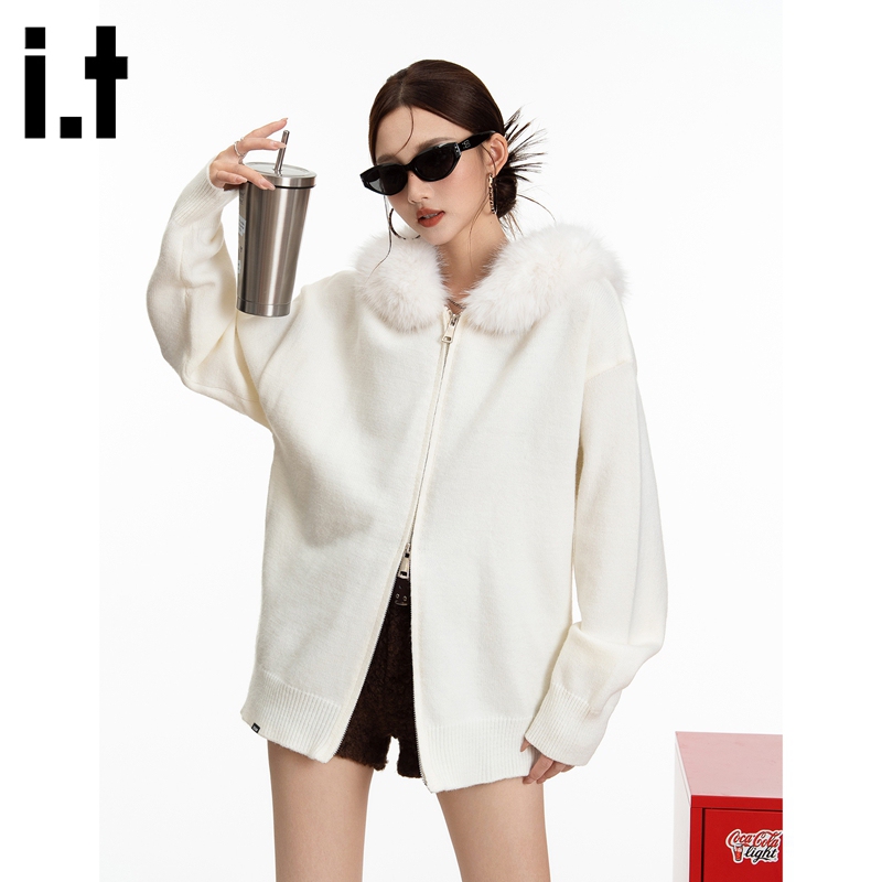 It Izzue American Retro Fur Collar Hooded Sweater Coat for Women, Autumn and Winter Loose Lazy Knit Cardigan Top