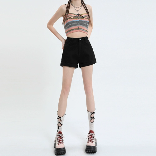 Синяя джинсовая юбка, летние шорты, приталенные штаны, коллекция 2023, высокая талия, по фигуре, А-силуэт, свободный крой