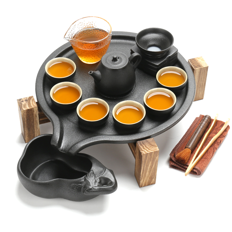 Fit ZongTang tea tray household contracted ceramic dry set round kunfu tea set tea sea solid wood tea saucer dish