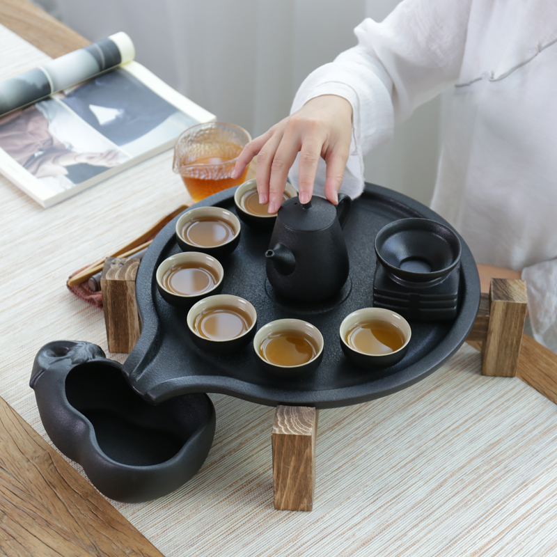 Fit ZongTang tea tray household contracted ceramic dry set round kunfu tea set tea sea solid wood tea saucer dish