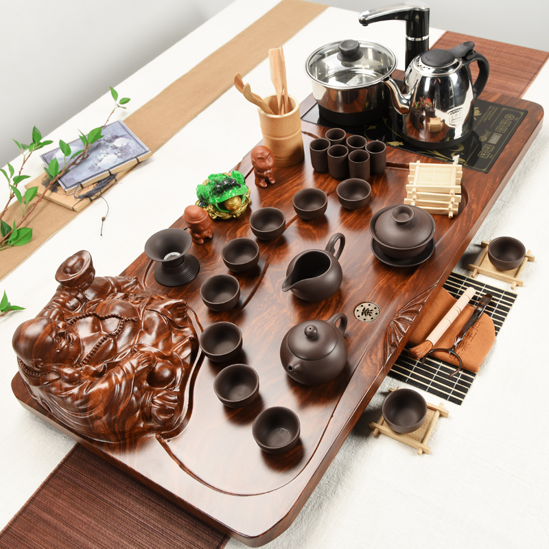 ZongTang ceramic purple kung fu tea sets tea four unity household automatic tea taking of a complete set of solid wood tea tray