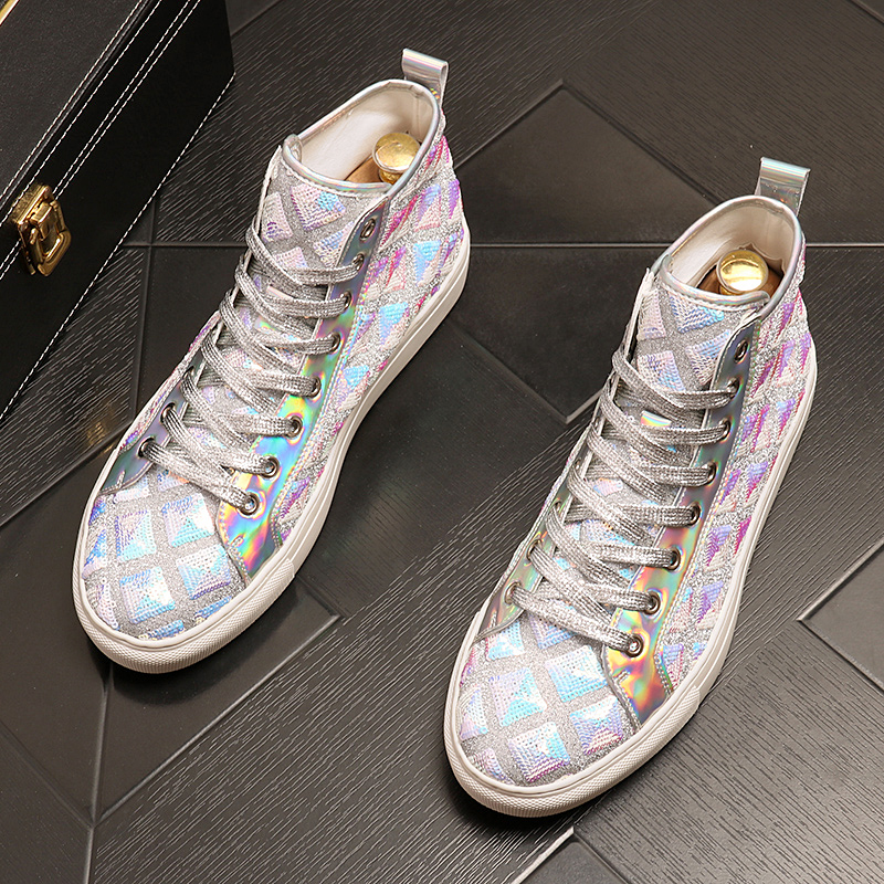 European station men's shoes spring tide shoes fashion personality sequins bright leather high-top shoes men's Martin boots Korean version all-match shoes