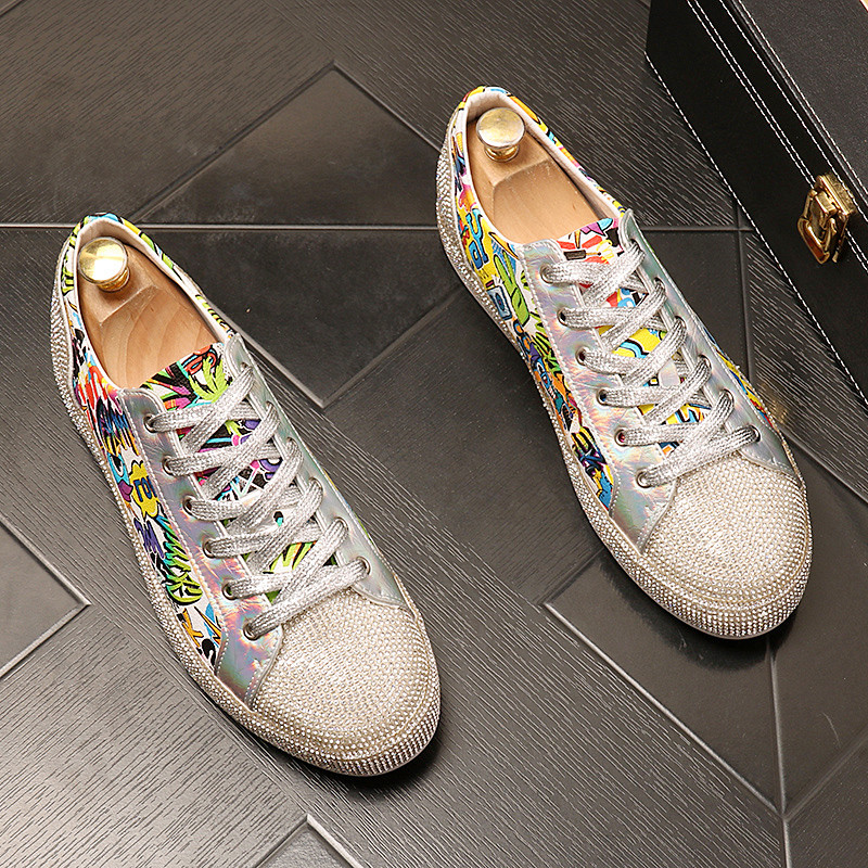 European station rhinestone men's shoes personality shoes men's trendy shoes Korean version of the trend all-match silver casual shoes graffiti sneakers men