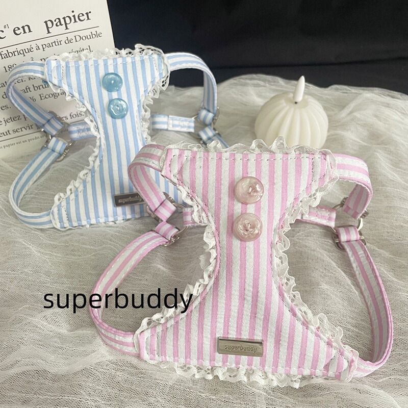 Superbuddy Lace Bubble Yarn Button Striped Harness Dog Leash Small Dog Walking Leash Vest-Style Harness