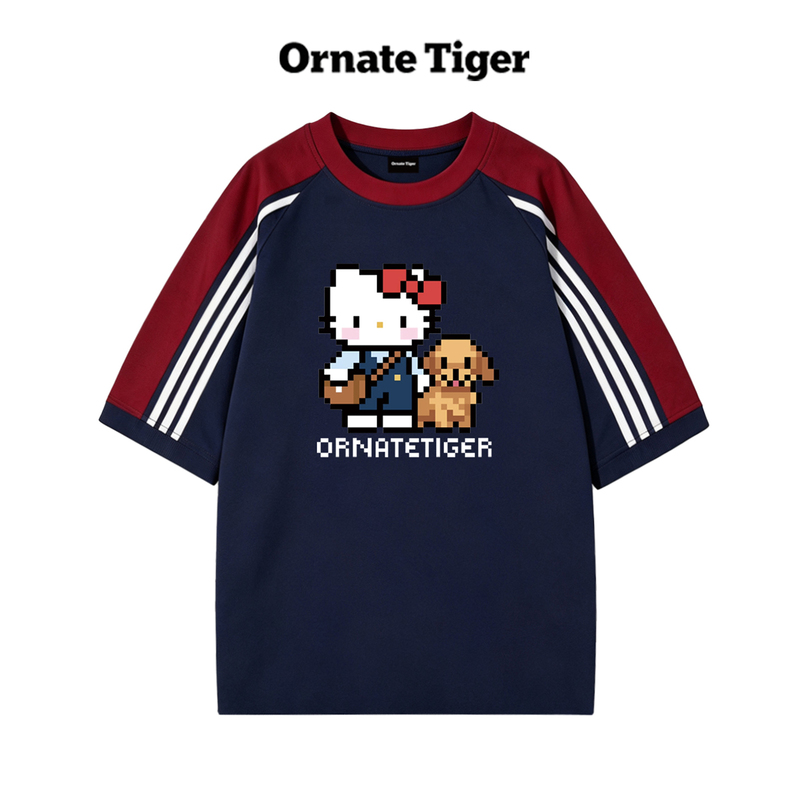 New Ornate Tiger Korean-Style Pixel Kitty Print Short-Sleeved T-Shirt for Women, Summer Loose Pure Cotton Top