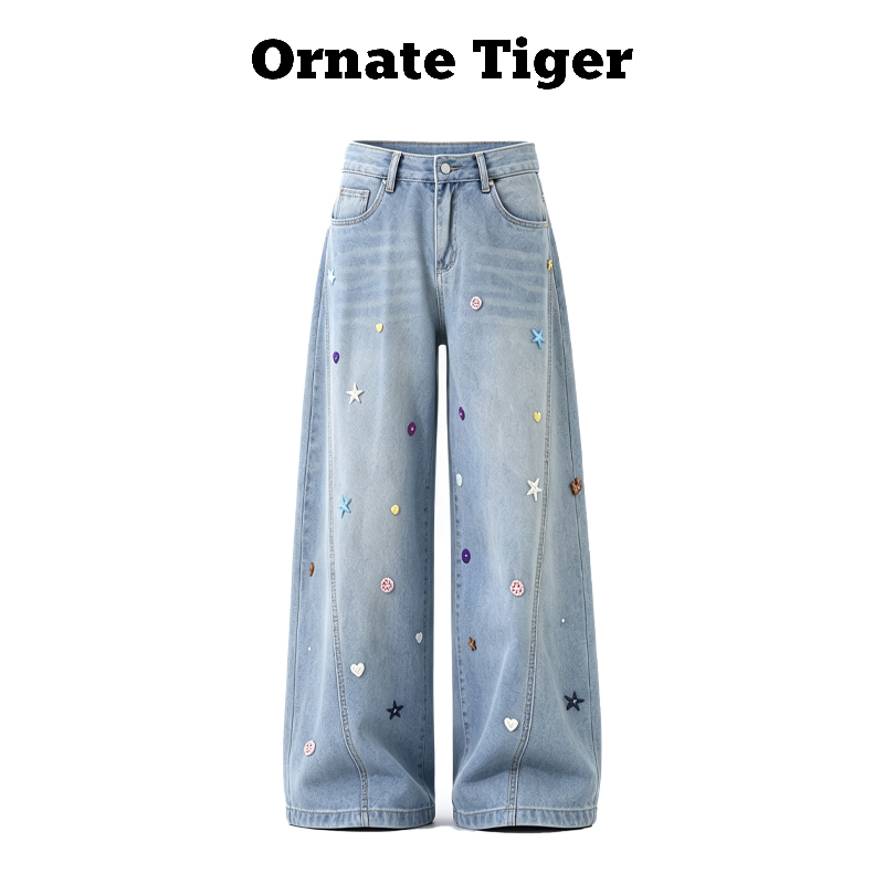 New Ornate Tiger Plus-Size Star Jeans High-Waisted Height-Enhancing Couple's Matching Long Pants for Men and Women, Autumn