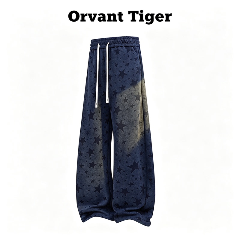 New Orvant Tiger Relaxed-Fit Sports Wide-Leg Pants with All-Over Star Print, High-Waisted Drawstring Slimming Long Pants