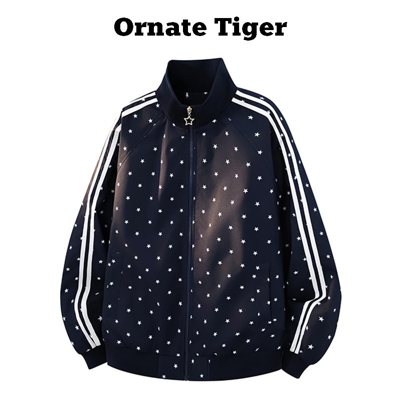 New Ornate Tiger Loose-Fitting Dark Blue Star-Printed Jacket with Full Print and Double White Stripes, Stand-Up Collar Sports Jacket New Ornate Tiger Loose-Fitting Dark Blue Star-Printed Jacket with Full Print and Double White Stripes, Stand-Up Collar Sports Jacket