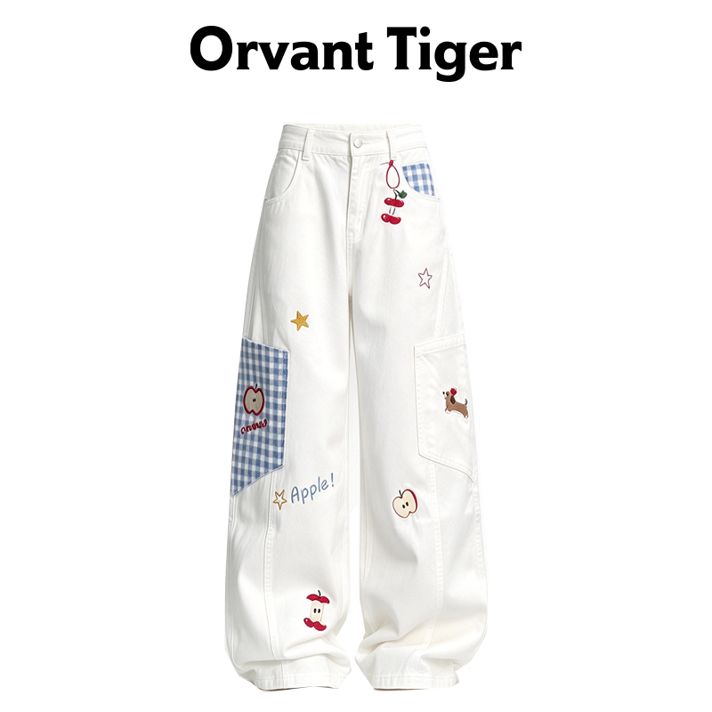 New Orvant Tiger Retro Cartoon Embroidered White Pants with Plaid Patch Pockets, Loose and Slimming Denim Trousers for Autumn