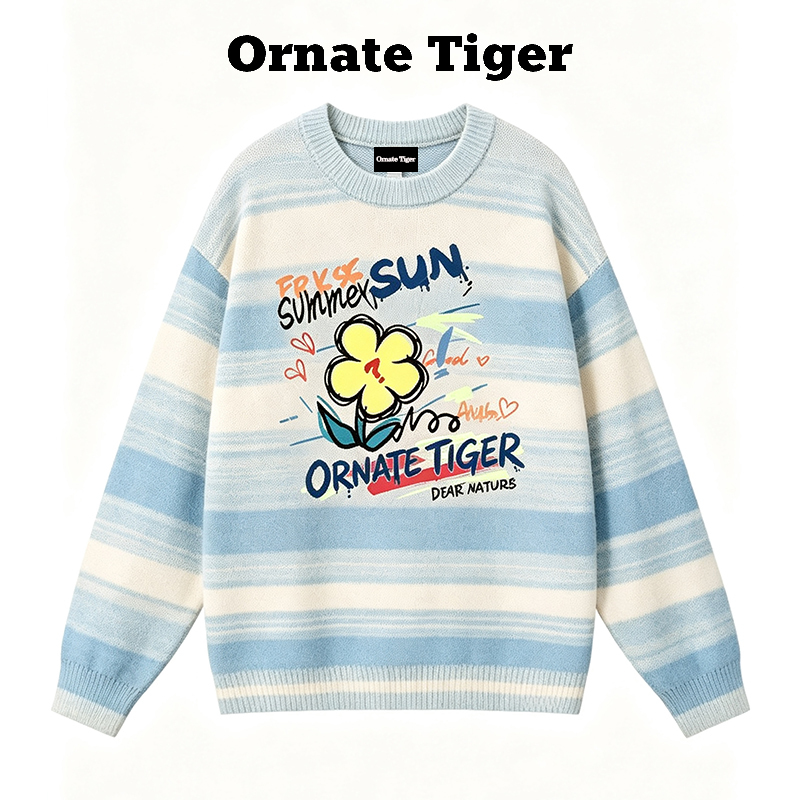 New Ornate Tiger Early Autumn Soft Striped Sweater for Women in Blue and White Color-Blocking, Lazy Style Pullover Knitwear
