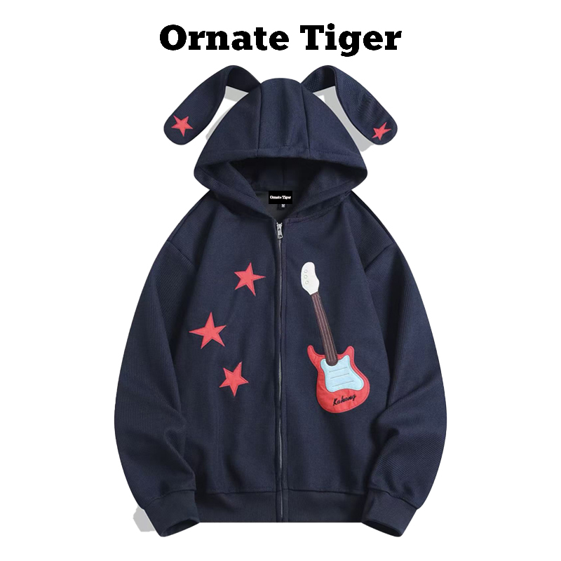 New Ornatetiger Trendy Brand Rabbit Ears Star Cardigan Sweatshirt for Women, Navy Blue Loose Hooded Zip-Up Jacket