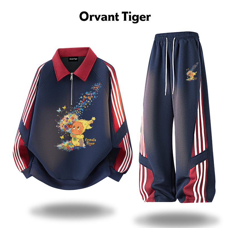 New Orvant Tiger Retro Color-Blocked Polo Collar Sweatshirt Set Autumn Cartoon Print Sweatpants Two-Piece Set