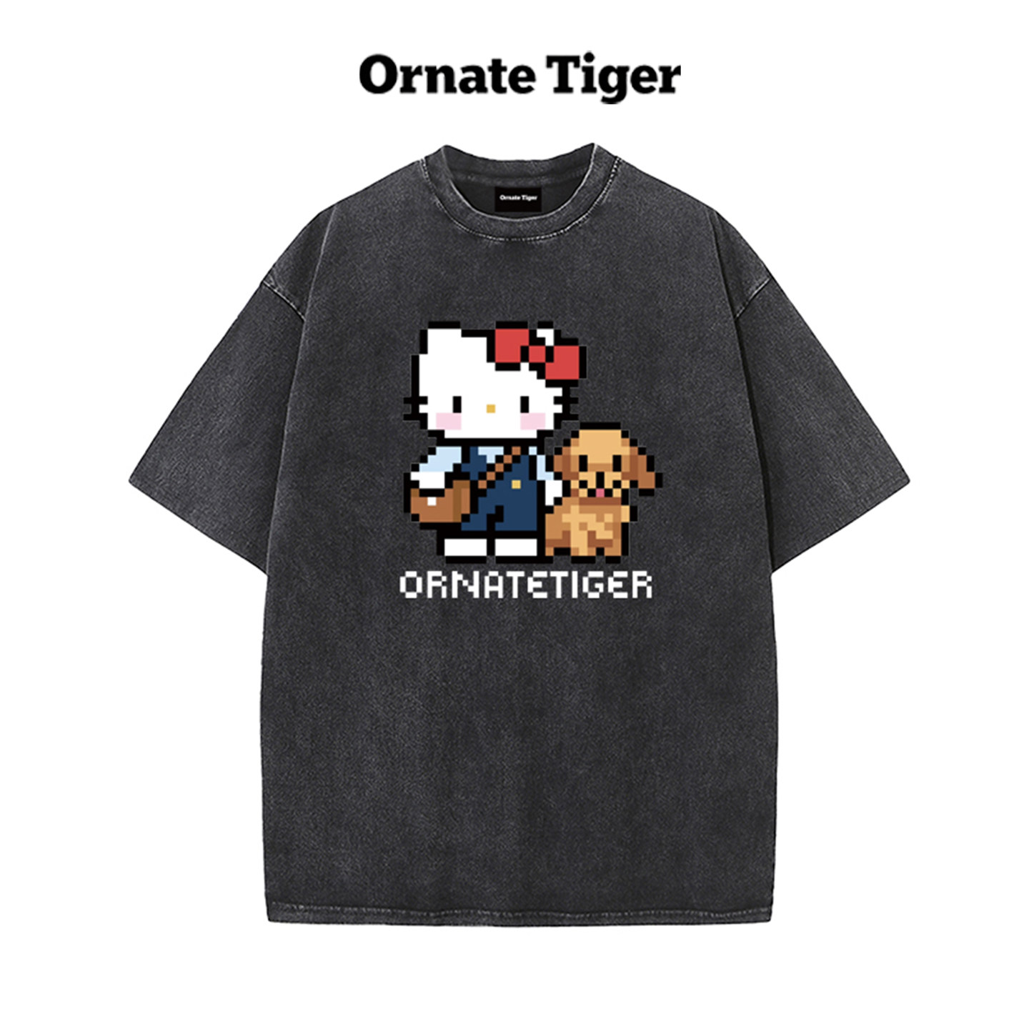新款Ornate Tiger韩版重磅水洗棉甜酷T恤像素Kitty猫百搭宽松短袖