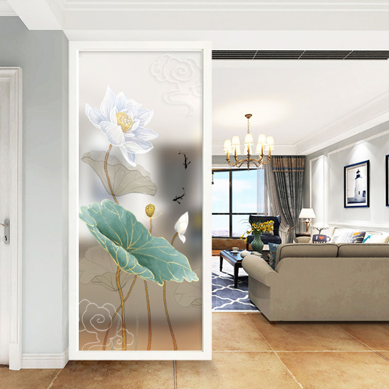 New Chinese art glass entrance screen Background wall Hanging ceiling decorative partition Powder room double-sided translucent lotus
