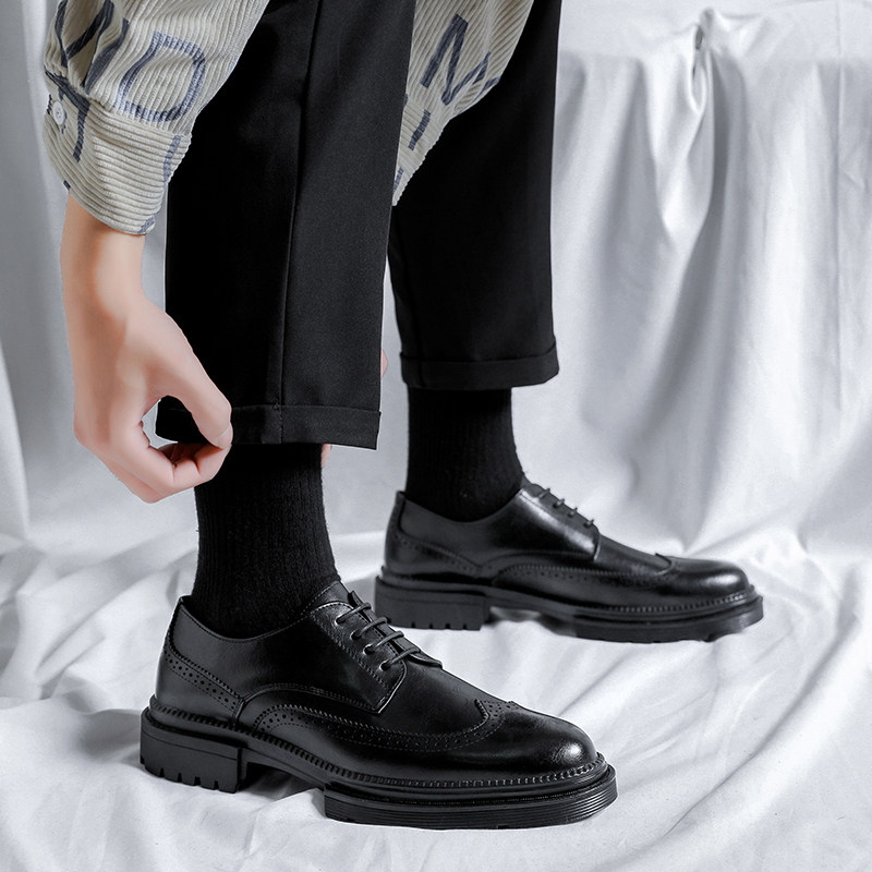 Black youth leather shoes men's Brogue British style suit thick bottom increased business formal wear men's wedding groom shoes