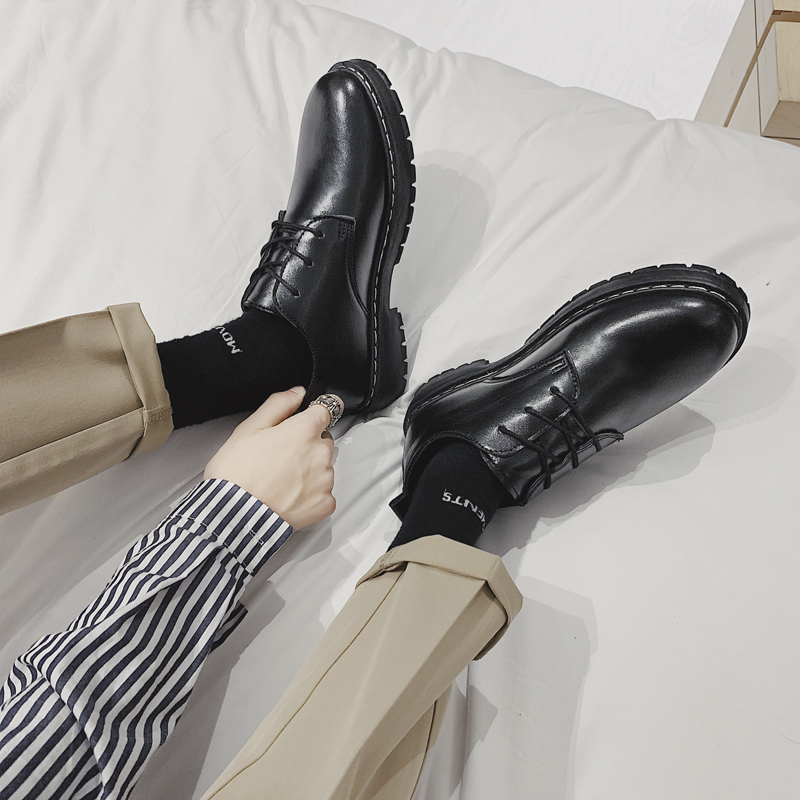 Black round head small leather shoes men and Korean edition trend teenager English hundred students leisure inside casual increase suit shoes