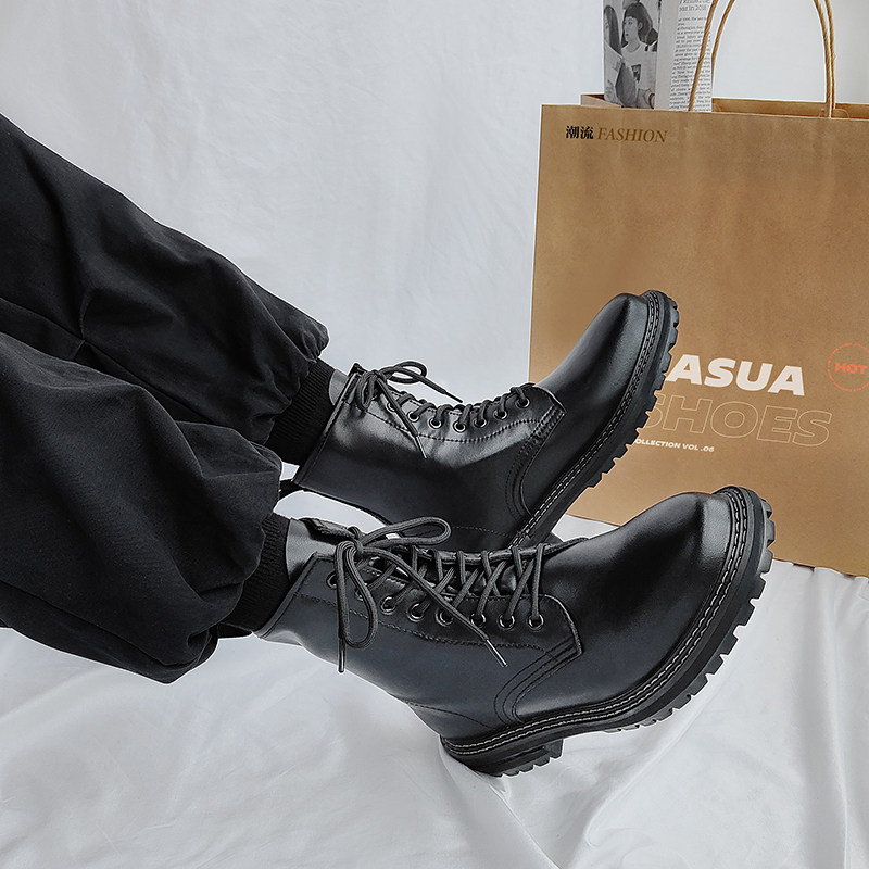 Genuine leather high-top eight-hole Martin boots men's ins locomotive handsome trendy Hong Kong style black all-match British tooling leather boots