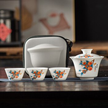 Zibo boshan ceramics glazed grand view garden mutton fat jade cover bowl outdoor portable travel tea set office