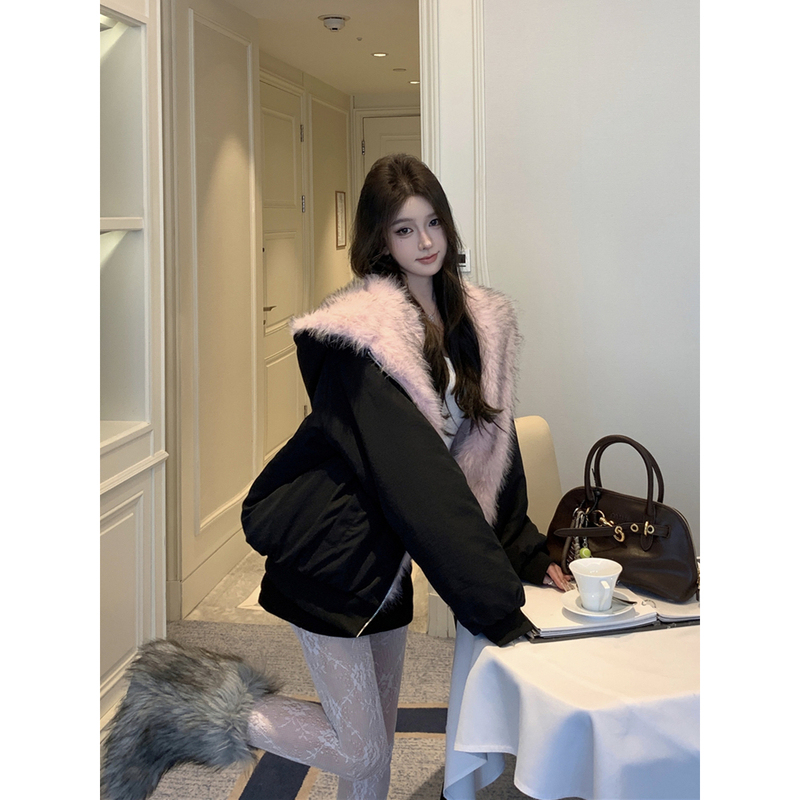 Reversible Fur Collar Hooded down Cotton Jacket for Petite Women, Winter Hot-Selling Reversible Plush Warm Cotton Coat, Trendy