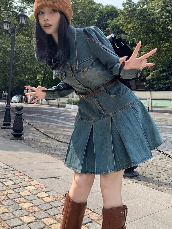 Gradient Color High-Waisted Long-Sleeved Denim Dress for Women, Mid-Length, Spring and Autumn, Petite, Waist-Cinching, Slimming, Hip-Covering A-Line Skirt