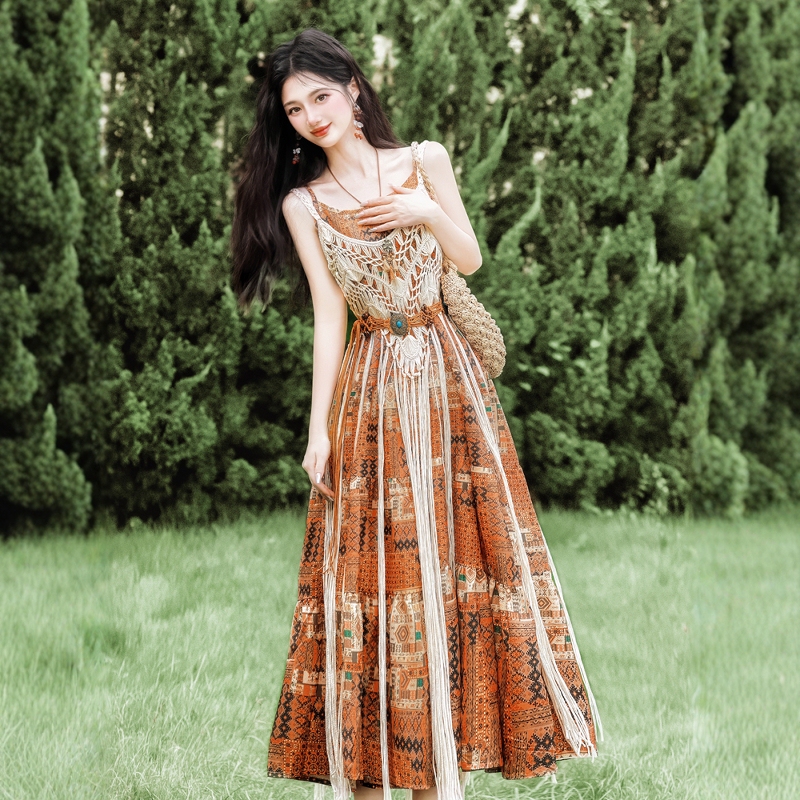 Bohemian Ethnic Style Suspender Dress, Summer Seaside Vacation Beach Long Dress, Stunning and Beautiful Little Dress