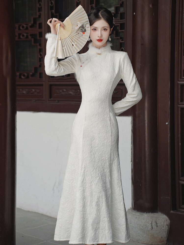 Winter Womens Velvet Qipao Dress Chinese Style White Evening Party A-Line  Dress | eBay
