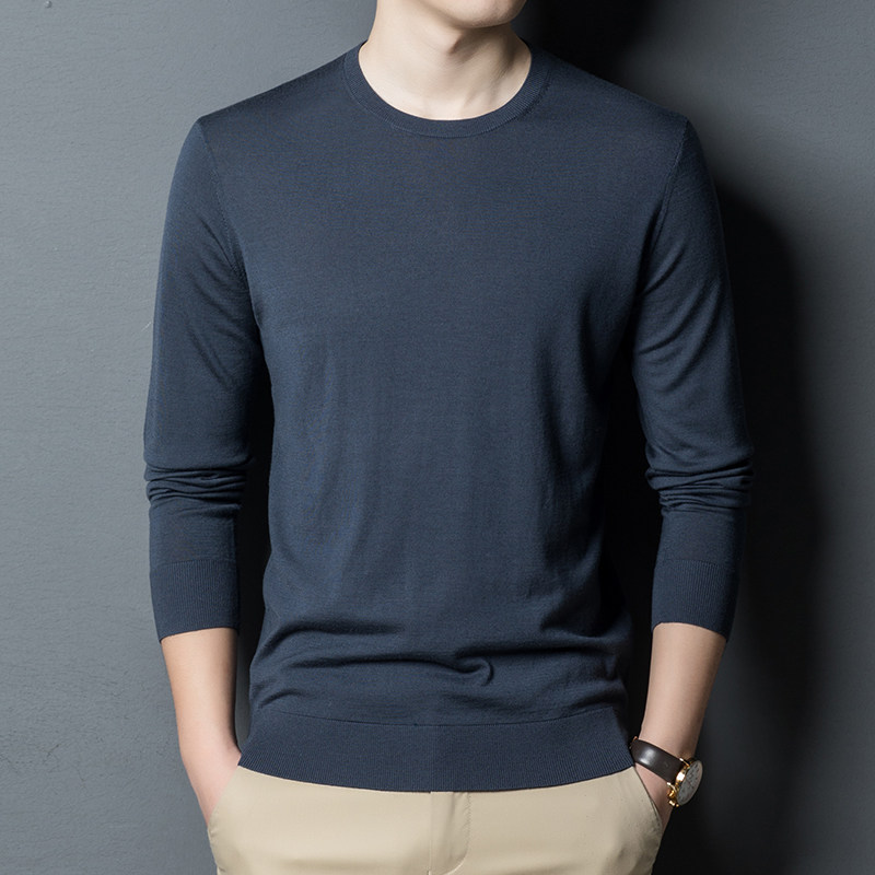 Spring and autumn round neck sweater long-sleeved men's thin sweater worsted non-sensing pure wool sweater men's inner bottoming shirt