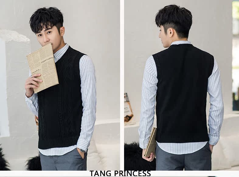 Vest nam phiên bản hàn quốc cá tính đẹp trai hoang dã thu đông thu đông không tay áo vest vai v cổ áo len Anh áo khoác len nam