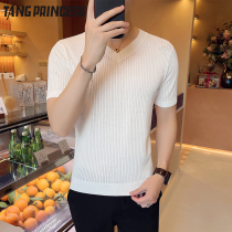 Summer Hollow Breathable Mens Knitted Short Sleeve T-shirt Ice Silk V-Neck Thin Slim Half Sleeve Solid Color Sweater Men