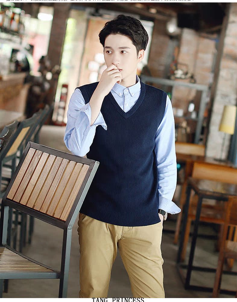 Áo len vai nam vest mùa thu không tay áo len vest màu rắn lỏng đầu v-cổ dệt kim cotton vest nam áo vest nam hàn quốc trẻ trung