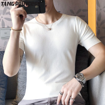 Knitted shirt short sleeve male summer Korean slim tide wool half sleeve round neck thin solid color T-shirt base shirt